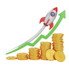 Rocket ship launching upwards with stacks of gold coins and a green growth chart isolated on transparent background