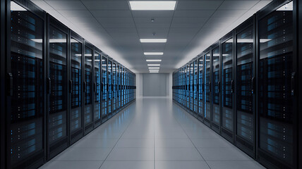 Modern data center server room with rows of glowing computer racks