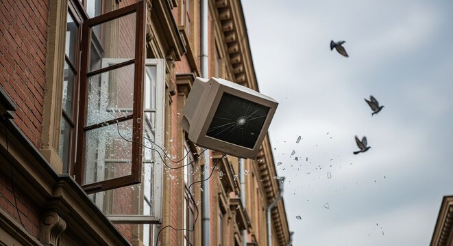 A dramatic moment as a vintage computer monitor shatters while being thrown out of an old building's window