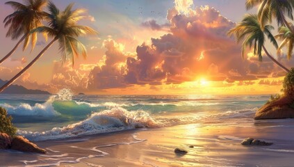 Serene tropical beach scene at sunset, featuring palm trees, ocean waves, and a vibrant, colorful sky