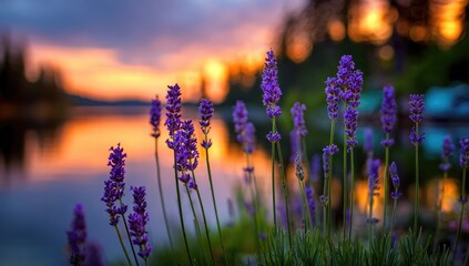 Naklejka premium Lavender blooms at sunset over a lake (2)