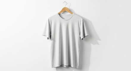 A plain white tshirt hanging on a wooden hanger against a white wall, showcasing its simple design and fabric texture, isolated on white background
