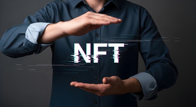 A man in a blue shirt presents the word "NFT" with a glitch effect, framing it with his hands against a dark gray background.