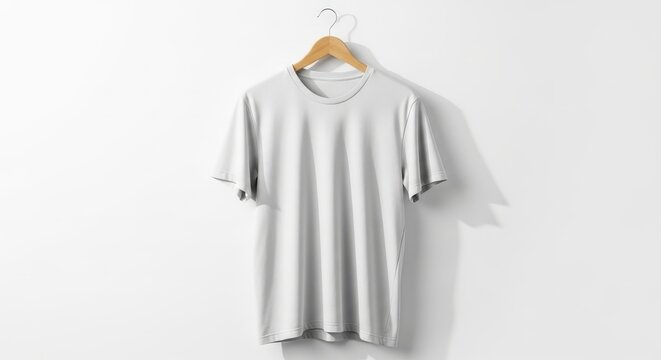 A plain white tshirt hanging on a wooden hanger against a white wall, showcasing its simple design and fabric texture, isolated on white background
