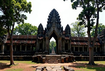Ancient Stone Temple Surrounded by Lush Greenery Under Bright Sky with Intricate Architectural Details Highlighting Historical Significance