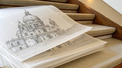 Layers of transparent tracing paper showcasing intricate architectural designs on the stairs of an artistic space