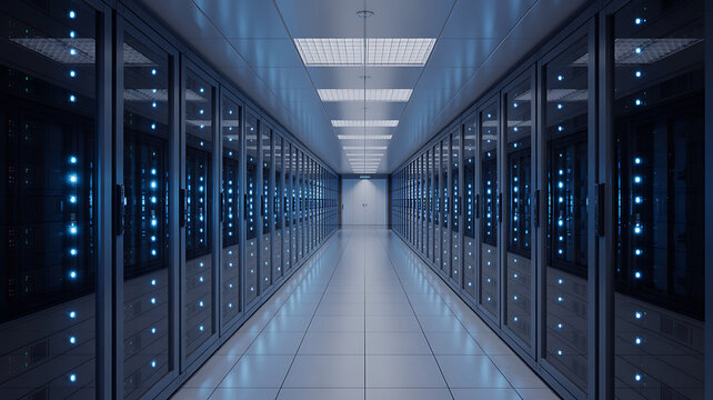 Modern server room hallway with glowing blue lights and data streams