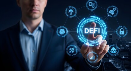 Man in suit touching a DEFI digital interface with icons representing finance, technology, and innovation.