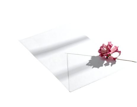 A blank white envelope rests on a surface, angled slightly, with a delicate pink flower and stem placed on its upper right, casting a shadow