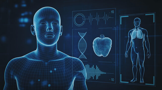 Futuristic human anatomy and dna data visualization