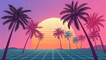 Vaporwave landscape featuring palm trees and a grid sun in a dreamy pastel sunset