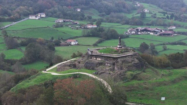 Aerial view of Amaiur village and its historic ruined castle at Nafarroa, Basque Country.