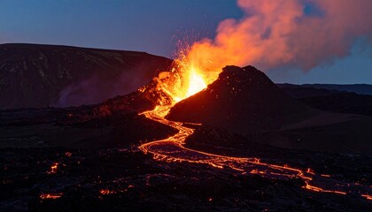 Fototapeta premium Majestic Volcano Eruption at Dusk with Flowing Lava and Smoke