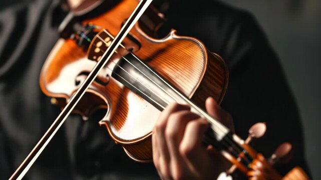 Close-up of person playing violin with focus on instrument and hands