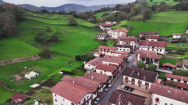 Aerial view of Amaiur village and its historic ruined castle at Nafarroa, Basque Country.