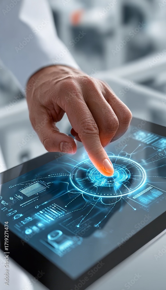 Poster smart technology interface displaying innovative systems and diagnostics for equipment testing.