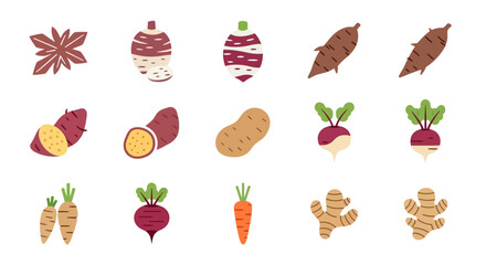 Diverse collection of root vegetables, spices, and fresh produce.