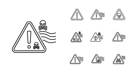 Environmental pollution warning signs set line art icons.
