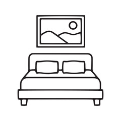 Bedroom Line Icon. Minimalist Vector Illustration of a Double Bed with Pillows and a Framed Picture on the Wall. Home Interior and Furniture Symbol.