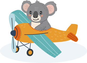 koala, airplane, animal, pilot, cartoon, cute, travel, aviation, adventure, illustration, vector, transport, aircraft, child, fun, fly, animalpilot, propeller, explore, flight, air, sky, transportatio