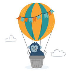 Monkey in hot air balloon in hand drawn, doodle style. Suitable for kids travel themes and adventure illustrations. White background with small clouds