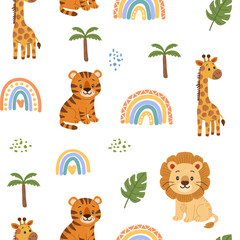 Seamless pattern with jungle animals and rainbows in hand drawn, cartoon style. Suitable for kids prints and baby nursery. White background.
