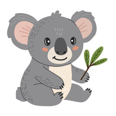 Koala wild animal holding a green leafy twig in hand drawn, doodle style. Suitable for kids content, animal books, and nature themes. White background.