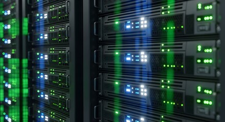 Close-up of a server rack with glowing green and blue lights indicating data processing and network activity.