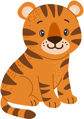 Tiger cub, wild animal. Suitable for kids' books, animal designs, and educational content. White background.