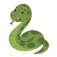 Snake, wild animal with green patterned body in hand drawn, doodle style. Suitable for kids materials and jungle themed designs. White background.