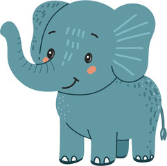 Elephant wild animal, cute baby elephant with raised trunk and smiling face in hand drawn, doodle style. Suitable for kids designs and animal themed decorations. White background.