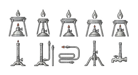 Various types of laboratory burners used for scientific experiments and research.