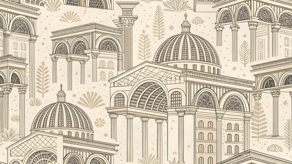 Seamless pattern featuring architectural building with dome and column. creating a vintage and elegant design