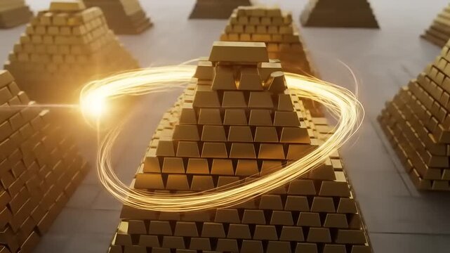 Gold bars stacked in pyramids with a glowing ring, representing wealth and investment.