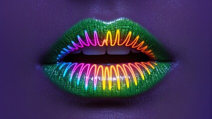 Glossy Neon Green Lips with Waves. Voice control concept