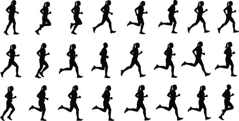 Running motion silhouette, human biomechanics, athletic stride phases, sports training, animation reference, black figure, dynamic movement, exercise, fitness, sprint