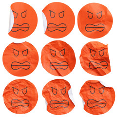 Set collection or collage of angry emoji on red circle paper isolated on transparent background