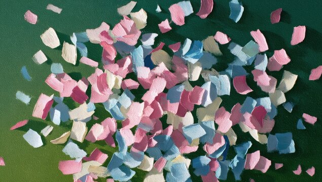 Pastel paper confetti scattered on a dark green background, illuminated by sunlight, creating dynamic shadows