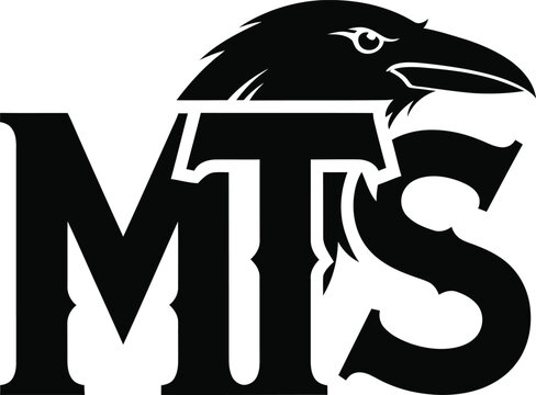 Black raven silhouette over bold mts logo