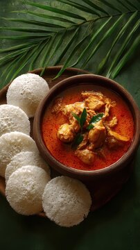 Chicken curry with pathir and ideyappam,a good combination of chicken curry with nice pathiri ,white pathiri and ideyappam arranged on dark green texture background 