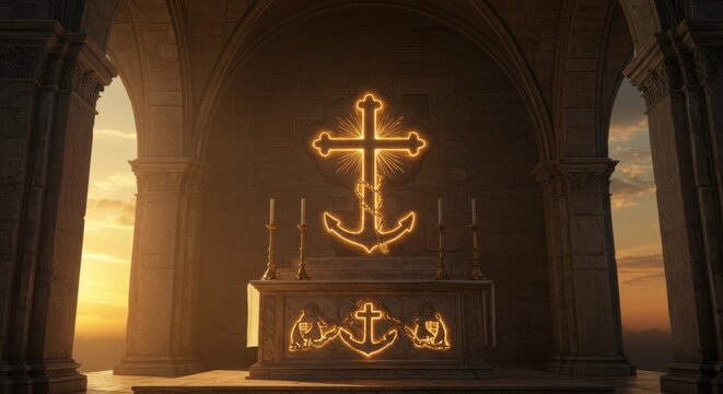 Feast of St. Clement Chapel, stone altar with glowing cross and anchor relief carved