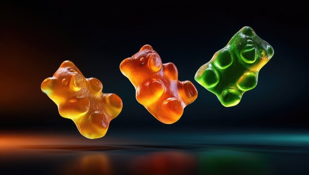 Three gummy bears in vibrant colors?orange, amber, and lime green?levitate against a dark reflective background