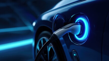 Closeup of an electric vehicle charging cable plugged into a charging station, featuring a glowing blue ring, set against a futuristic blue digital background