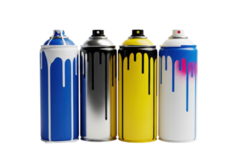 Four colorful aerosol spray paint cans with vibrant drips, standing upright on a transparent studio background with copy space, concept of urban art and creative freedom