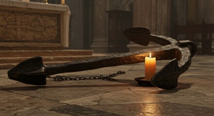 Feast of St. Clement I, ancient iron anchor resting on stone floor, glowing candle beside