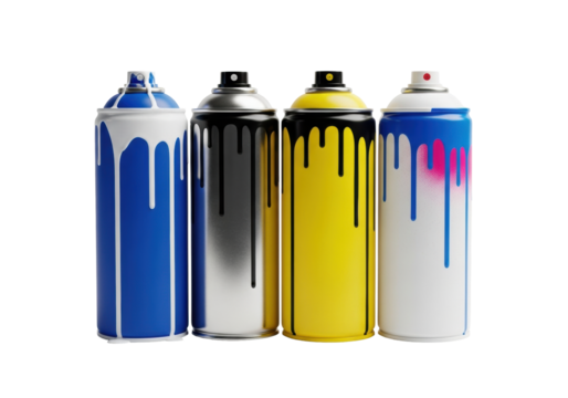 Four colorful aerosol spray paint cans with vibrant drips, standing upright on a transparent studio background with copy space, concept of urban art and creative freedom