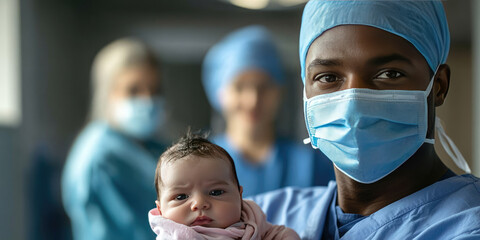 Surgeon wearing scrubs, cap, and mask holding a newborn baby wrapped in a blanket, looking directly at the camera with medical staff in the blurred background