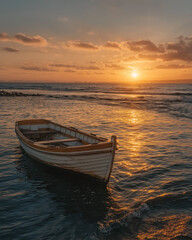 Serene Sunset Rowboat: A solitary rowboat gently rests on the calm waters, mirroring the fiery hues of a breathtaking sunset. This serene scene evokes a sense of peace and tranquility.