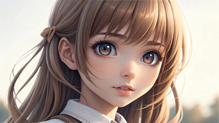A portrait of a beautiful, anime woman with blonde hair and striking eyes