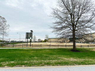 Obraz premium People walk along Saint Mark's High School park path beside a large tree and distant buildings in the USA